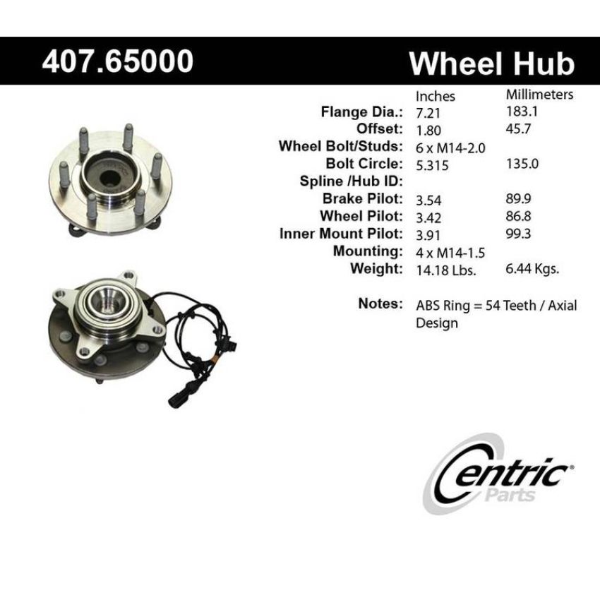 CENTRIC PARTS 407.65000 Centric Premium Hub and Bearing Assembly; With Integral ABS