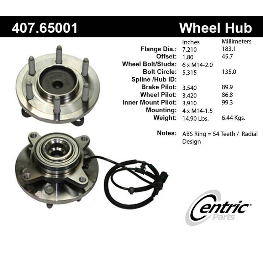 CENTRIC PARTS 407.65001 Centric Premium Hub and Bearing Assembly; With Integral ABS
