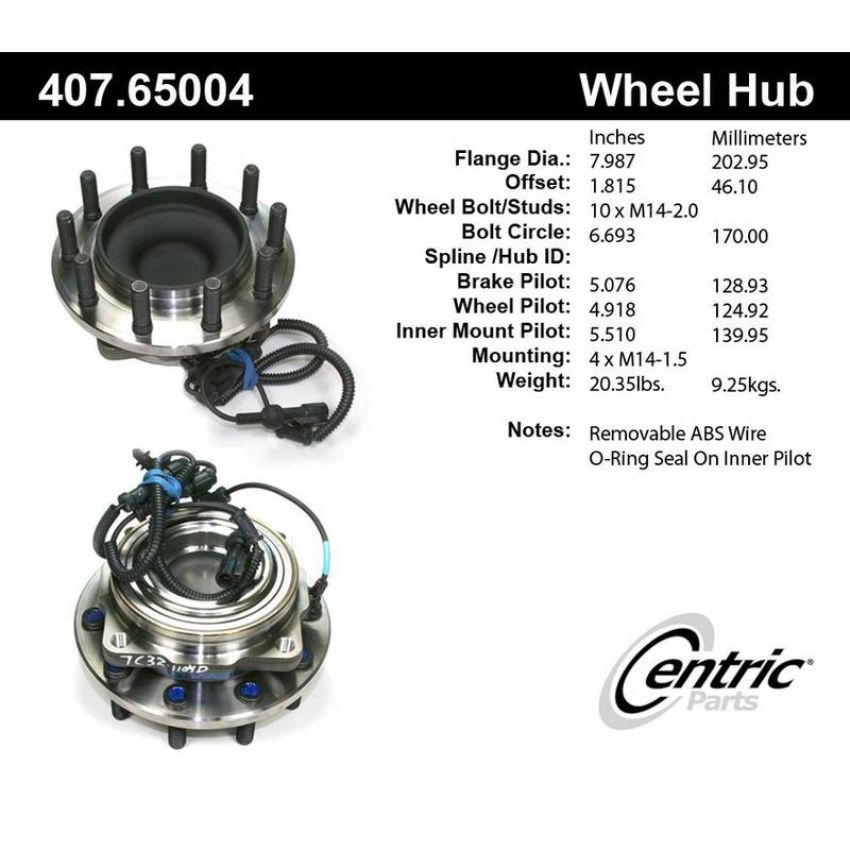 CENTRIC PARTS 407.65004 Centric Premium Hub and Bearing Assembly; With Integral ABS