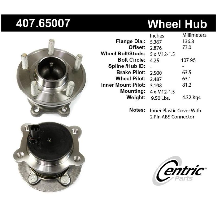 CENTRIC PARTS 407.65007 Centric Premium Hub and Bearing Assembly; With Integral ABS