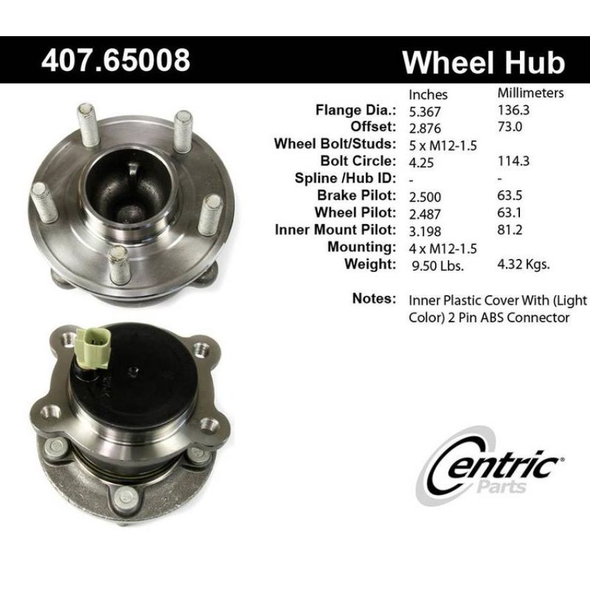 CENTRIC PARTS 407.65008 Centric Premium Hub and Bearing Assembly; With Integral ABS