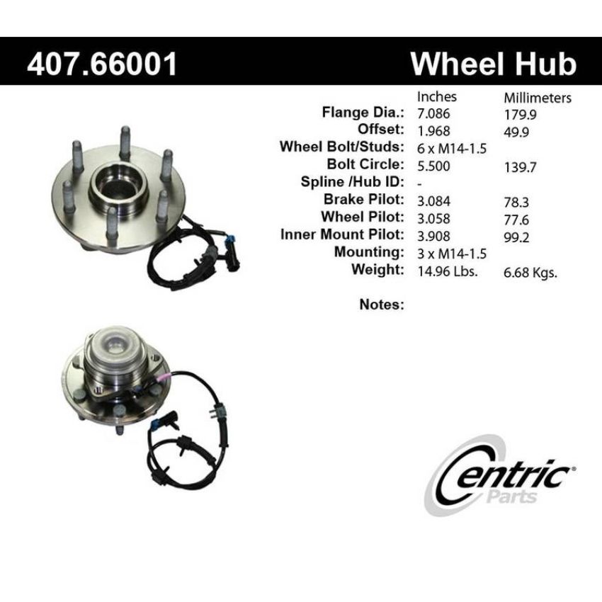 CENTRIC PARTS 407.66001 Centric Premium Hub and Bearing Assembly; With Integral ABS