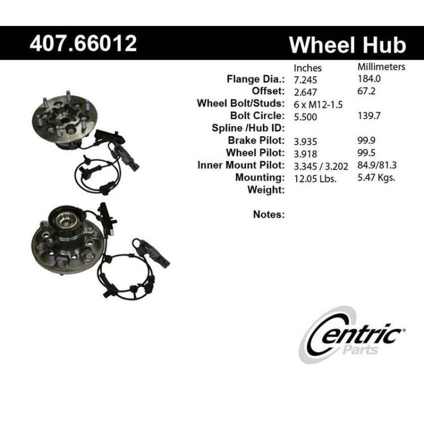 CENTRIC PARTS 407.66012 Centric Premium Hub and Bearing Assembly; With Integral ABS