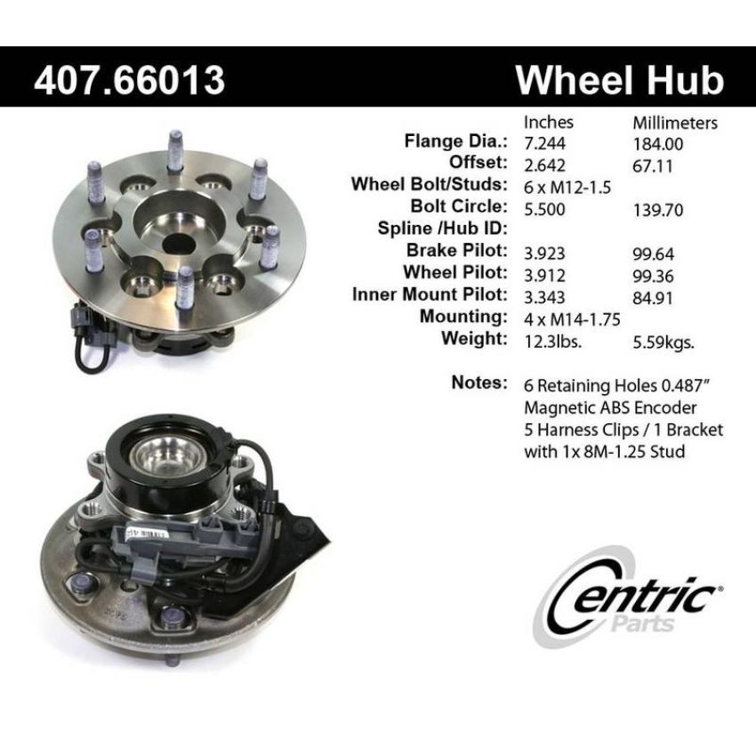 CENTRIC PARTS 407.66013 Centric Premium Hub and Bearing Assembly; With Integral ABS