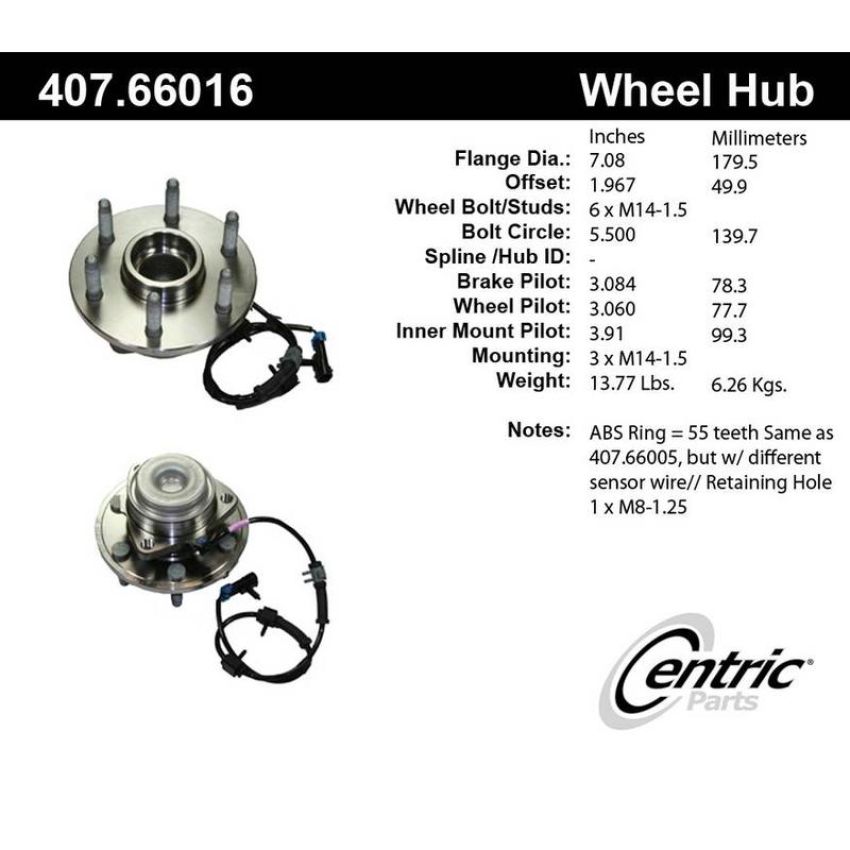 CENTRIC PARTS 407.66016 Centric Premium Hub and Bearing Assembly; With Integral ABS