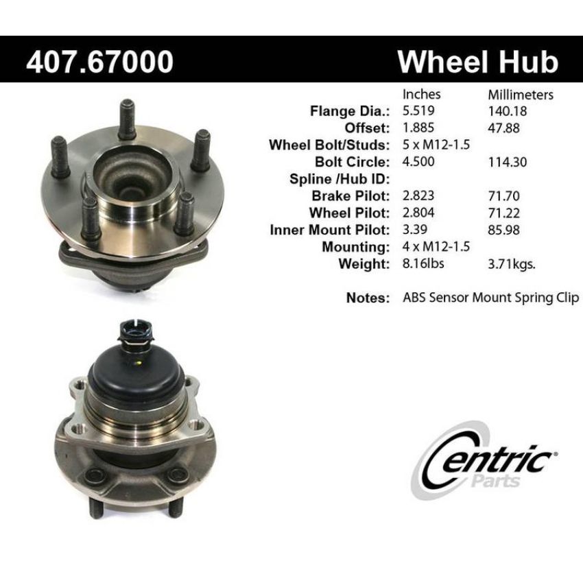 CENTRIC PARTS 407.67000 Centric Premium Hub and Bearing Assembly; With Integral ABS