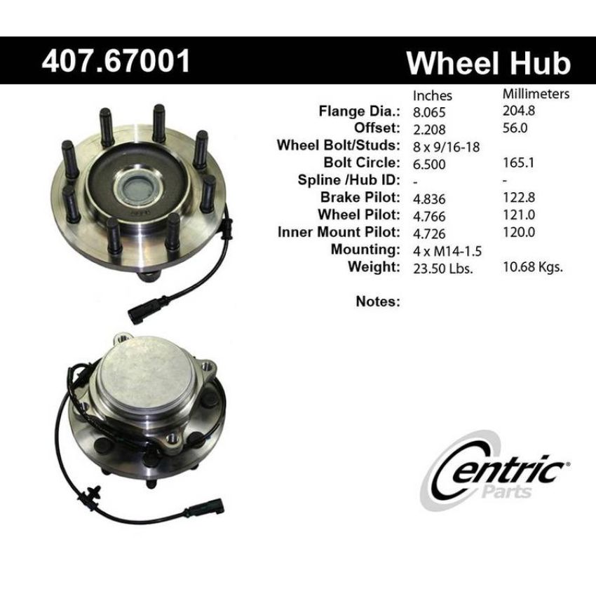 CENTRIC PARTS 407.67001 Centric Premium Hub and Bearing Assembly; With Integral ABS