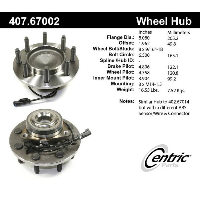 CENTRIC PARTS 407.67002 Centric Premium Hub and Bearing Assembly; With ABS Sensor Wire