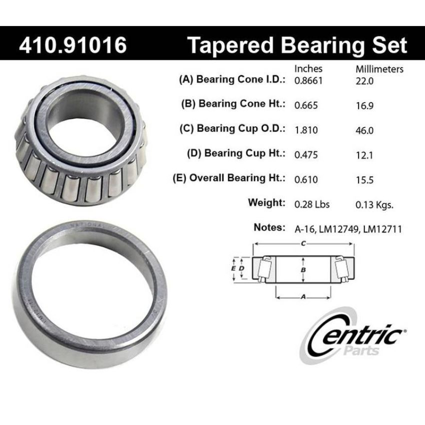 CENTRIC PARTS 410.91016 Centric Premium Wheel Bearing and Race Set