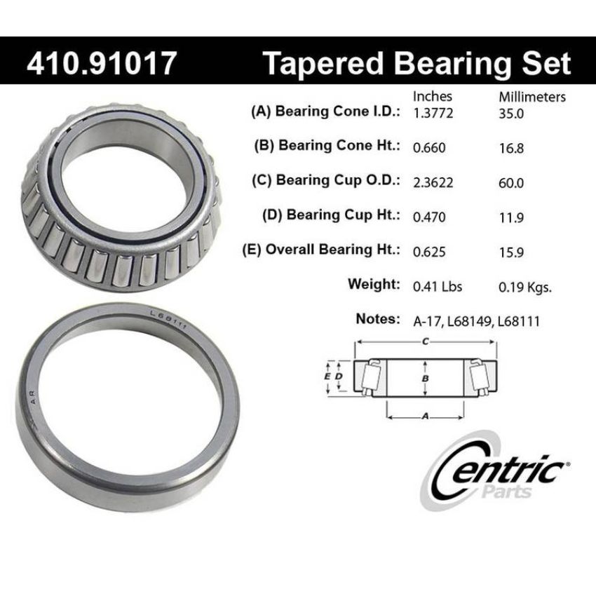CENTRIC PARTS 410.91017 Centric Premium Wheel Bearing and Race Set