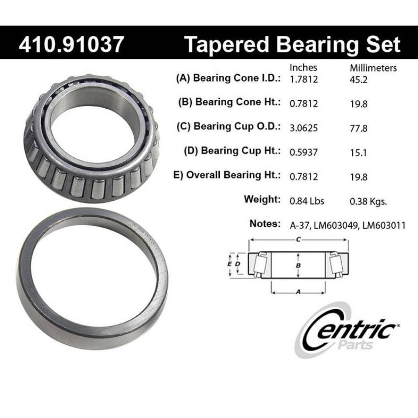CENTRIC PARTS 410.91037 Centric Premium Wheel Bearing and Race Set