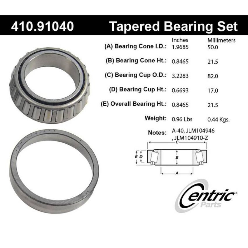 CENTRIC PARTS 410.91040E C-Tek Standard Wheel Bearing and Race Set