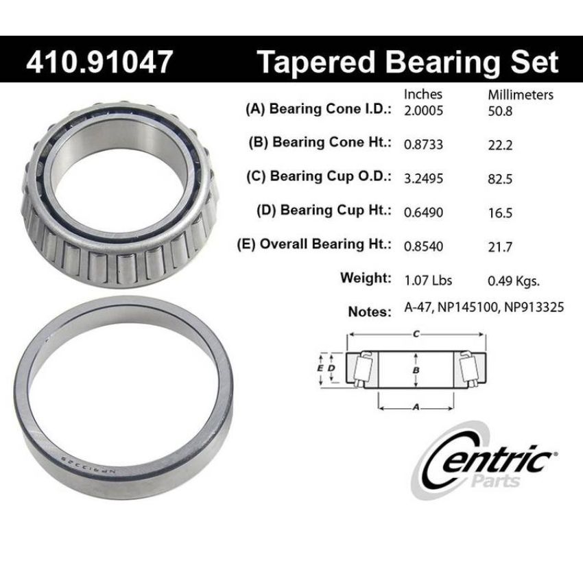 CENTRIC PARTS 410.91047 Centric Premium Wheel Bearing and Race Set