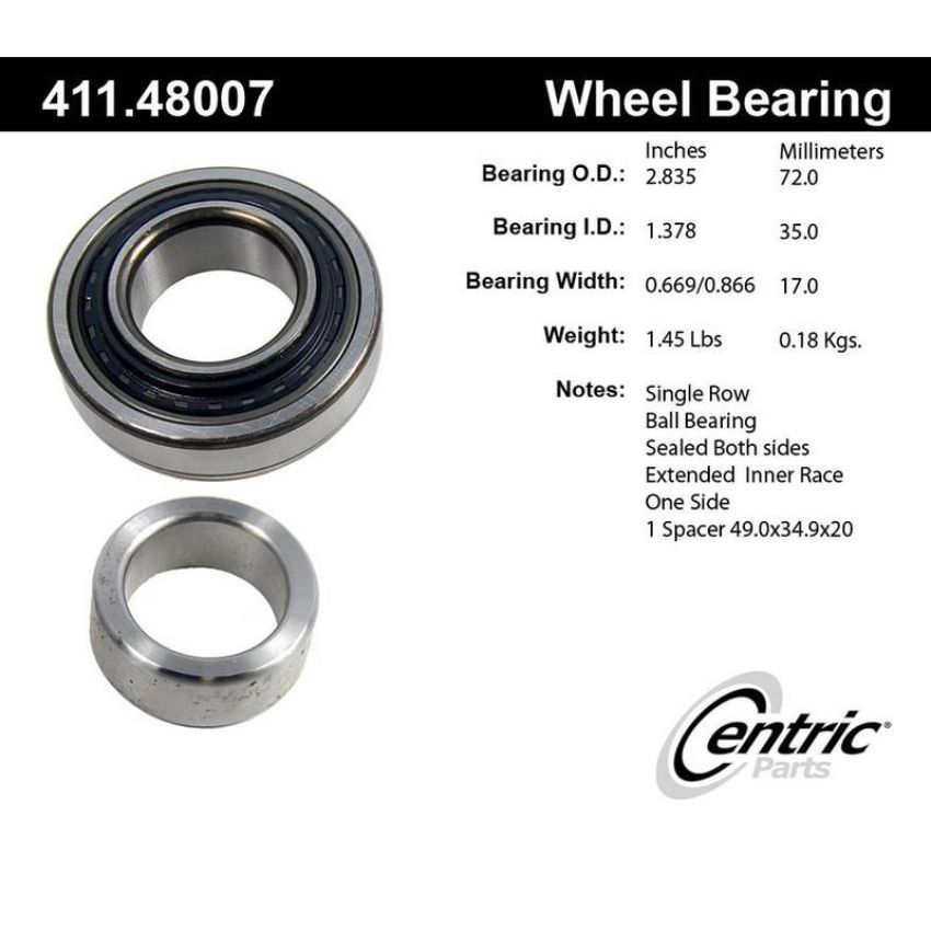 CENTRIC PARTS 411.48007 Centric Premium Axle Shaft Bearing Single Row