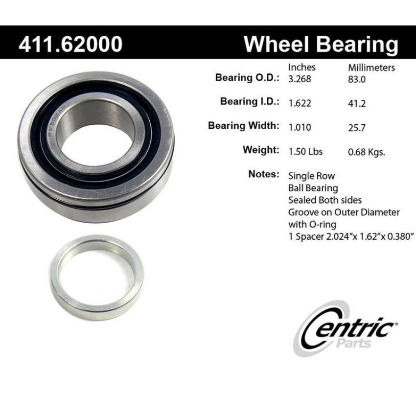 CENTRIC PARTS 411.62000 Centric Premium Axle Shaft Bearing Single Row