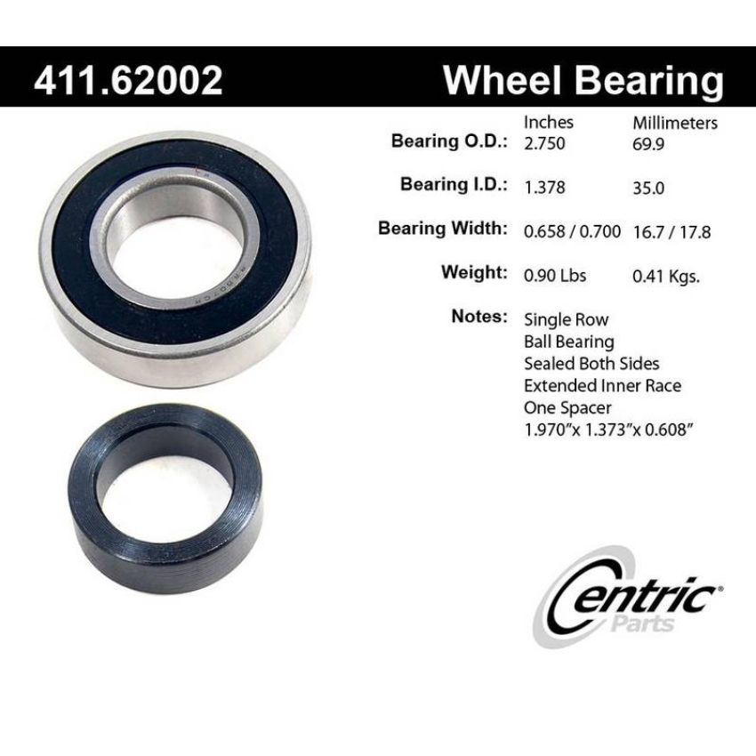 CENTRIC PARTS 411.62002 Centric Premium Axle Shaft Bearing Single Row