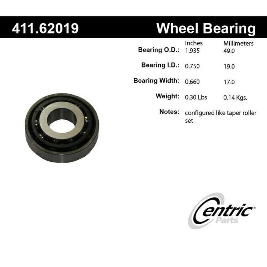 CENTRIC PARTS 411.62019 Centric Premium Axle Shaft Bearing Assembly Single Row