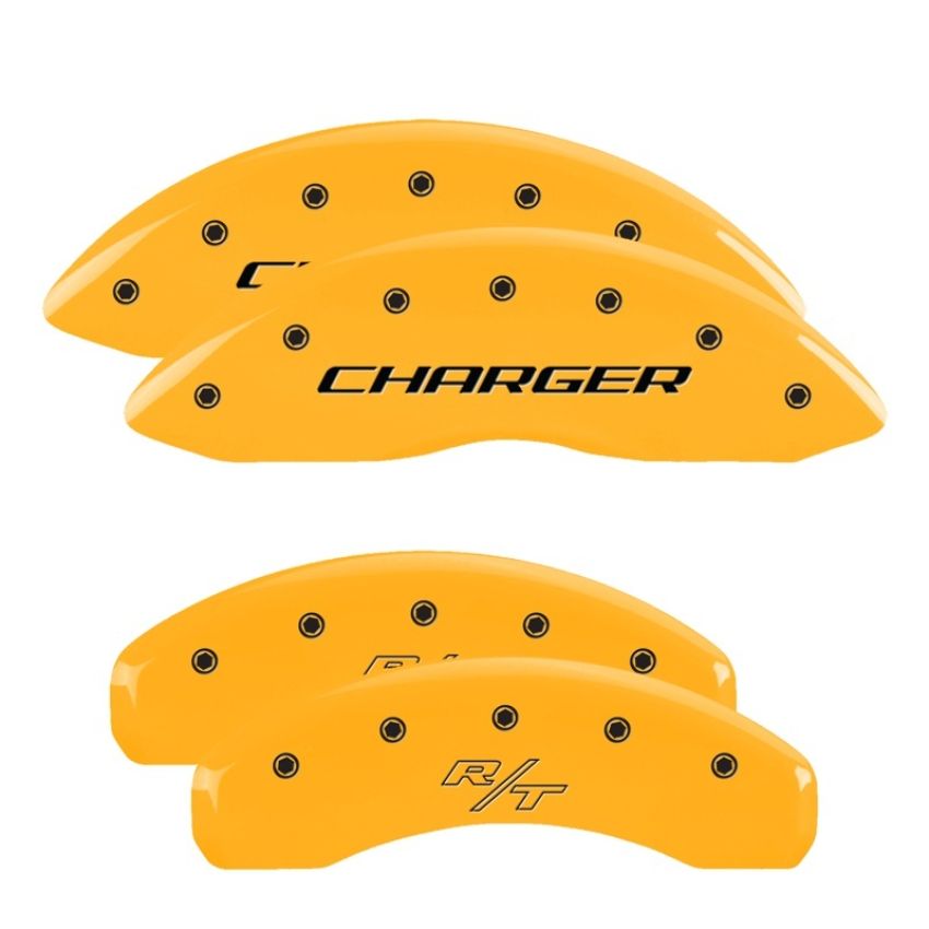 MGP 12088SCHRYL 4 Caliper Covers Engraved Front Charger Engraved Rear RT Yellow finish black ch