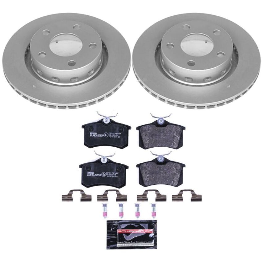 PowerStop ESK4847 Genuine Geomet Coated Rotors, ECE-R90 Brake Pads + Hardware Kit
