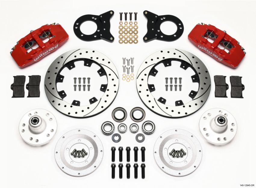 Wilwood 140-12945-DR Dynapro 6 Front Hub Kit 12.19in Drill Red 1970-1973 Mustang Disc & Drum Spindle