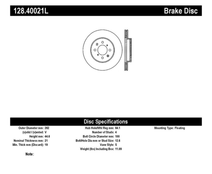 Stoptech 128.40021L 90-01 Integra (EXC Type R) / 90-05 Honda Civic Cross Drilled Left Front Rotor