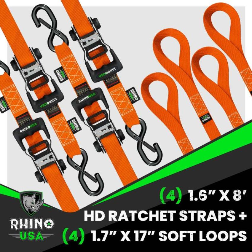 Rhino USA HDKIT-4PK-ORG Heavy Duty Ratchet Tie-Down 4-Pack (Orange) 1.6In X 8Ft