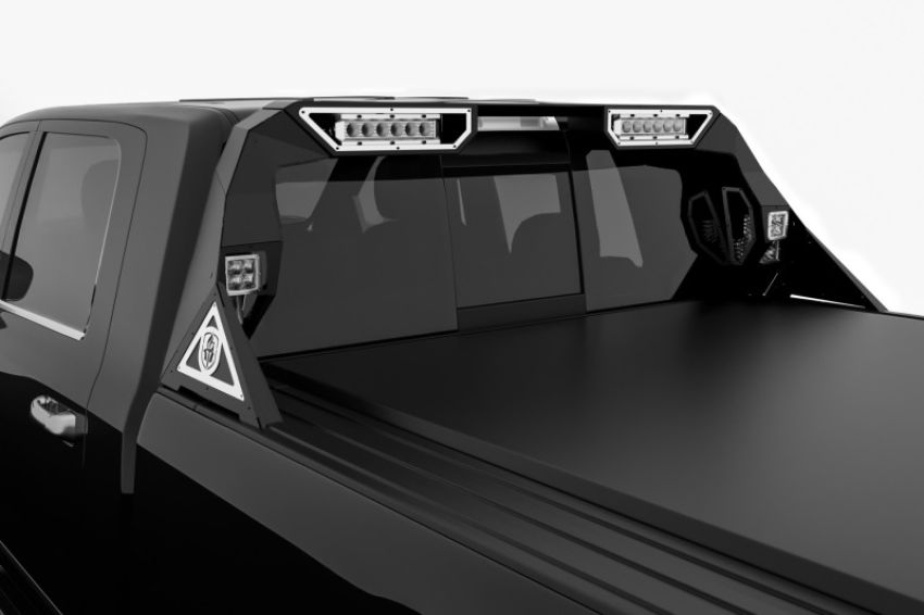 Road Armor 4091DHRP-C2-MR 10-19 Dodge 1500 iDentity Headache Rack w/Pods/Dual 10in Pod/Brake Lamp Relief/Ring - Raw