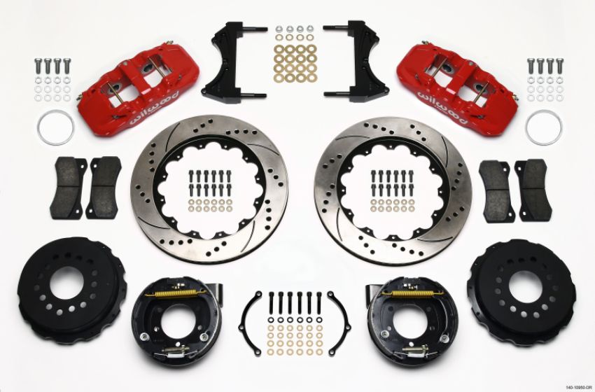 Wilwood 140-10950-DR AERO4 Rear P-Brake Kit 14.00in Drill Red 2005-2014 Mustang