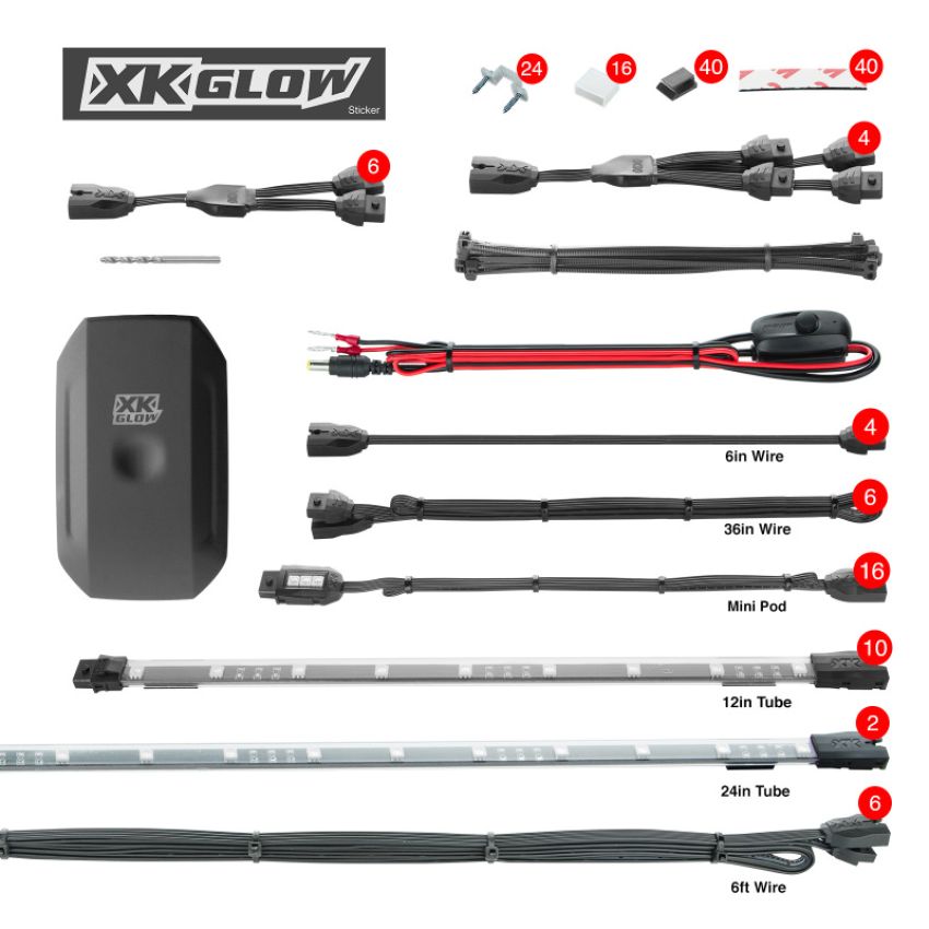 XKGLOW XK-UTV-STA XK Glow Million Color XKCHROME App Controlled Offroad UTV Kit 2x24In Tube + 10x12In Tube + 16xPods