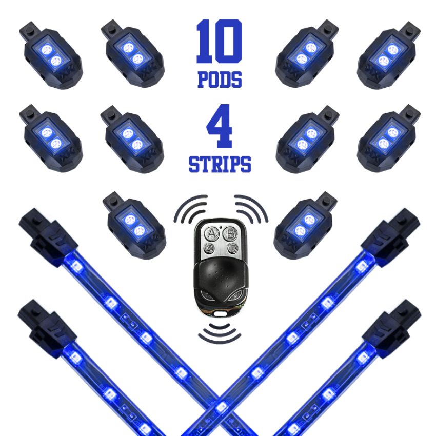 XKGLOW XK034002-B XK Glow Strips Single Color  LED Accent Light Motorcycle Kit Blue - 10xPod + 4x8In