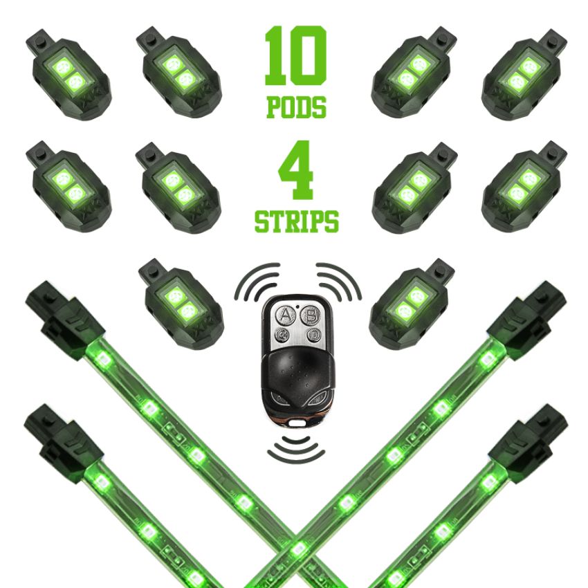 XKGLOW XK034002-G XK Glow Strips Single Color  LED Accent Light Motorcycle Kit Green - 10xPod + 4x8In