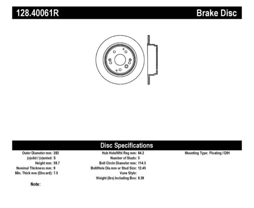Stoptech 128.40061R 04-08 Acura TL/TL-S Standard/Brembo Drilled Right Rear Rotor