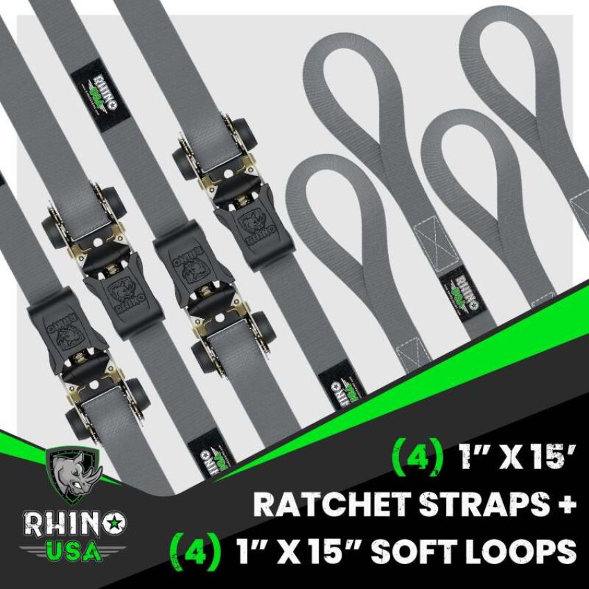 Rhino USA RCHT-4PACK-GRY Medium Duty Ratchet Strap Tie-Down 4-Pack (Gray)
