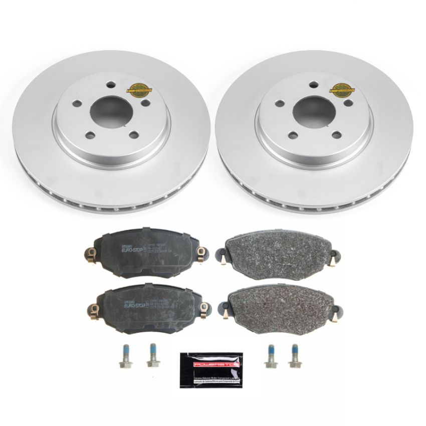 PowerStop ESK1373 Genuine Geomet Coated Rotors, ECE-R90 Brake Pads + Hardware Kit