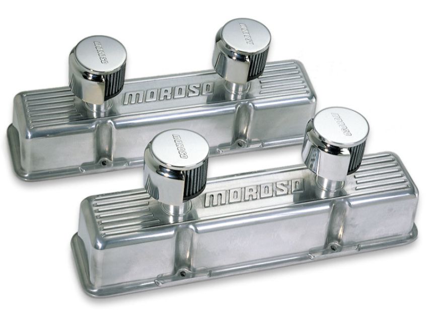 Moroso 68380 Chevrolet Small Block Valve Cover - 2 Covers w/2 Breathers - Polished Aluminum - Pair