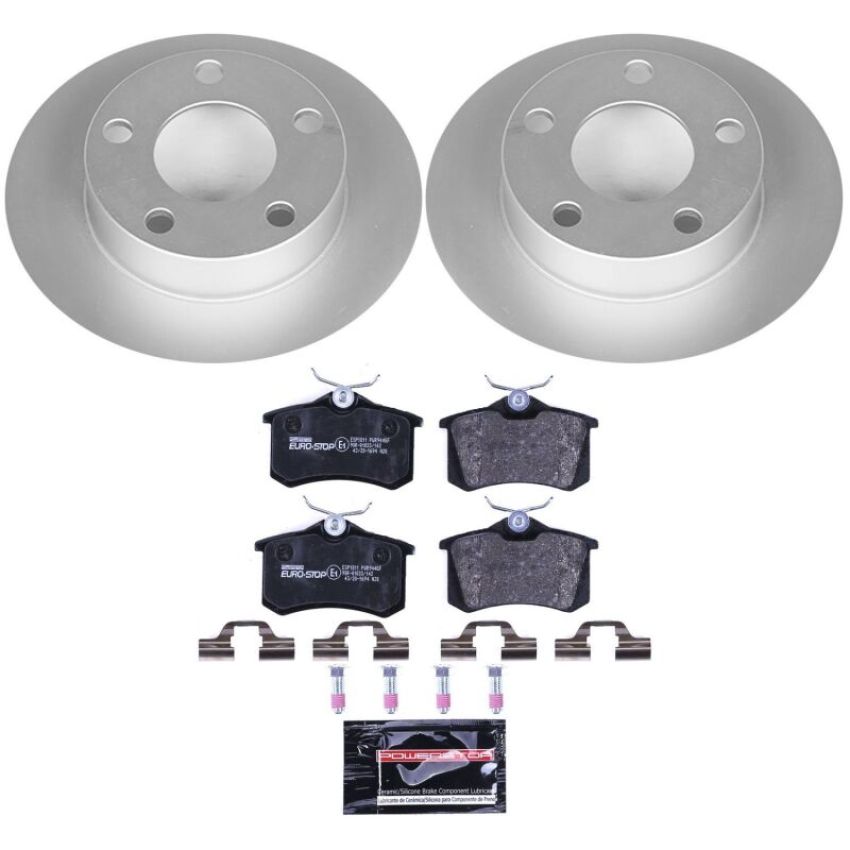 PowerStop ESK585 Genuine Geomet Coated Rotors, ECE-R90 Brake Pads + Hardware Kit