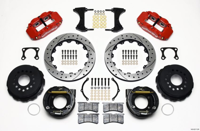 Wilwood 140-9217-DR Narrow Superlite 4R Rear P-Brk Kit 12.88in Drilled Red Big Ford Old Style 2.36in Offset