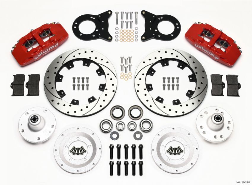 Wilwood 140-12947-DR Dynapro 6 Front Hub Kit 12.19in Drill Red 1965-1969 Mustang Disc & Drum Spindle