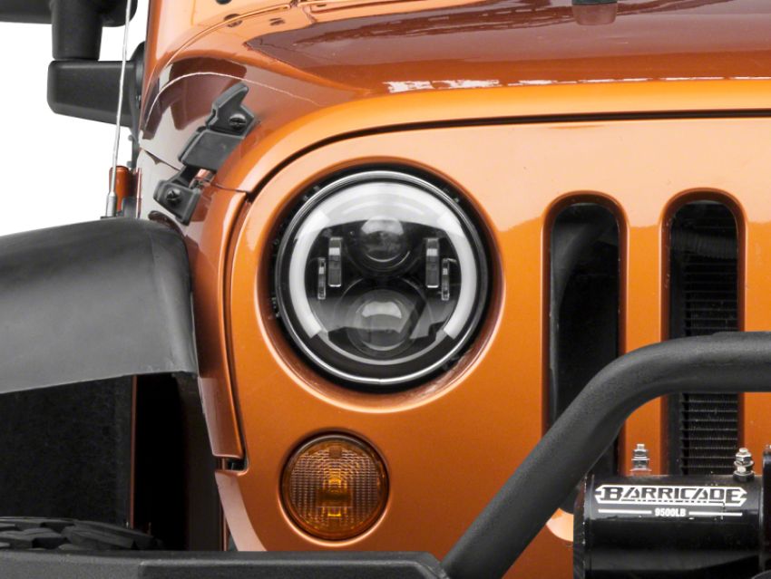 Raxiom J135442 97-18 Jeep Wrangler TJ & JK 6-LED Headlights w/ Partial Halo- Blk Housing (Clear Lens)