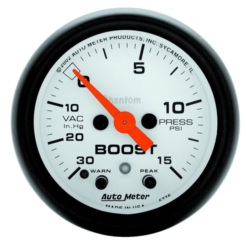 Autometer Phantom 52mm 30 in Hg-Vac/15PSI FS Electronic Vacuum/Boost w/ Peak Memory & Warning Gauge