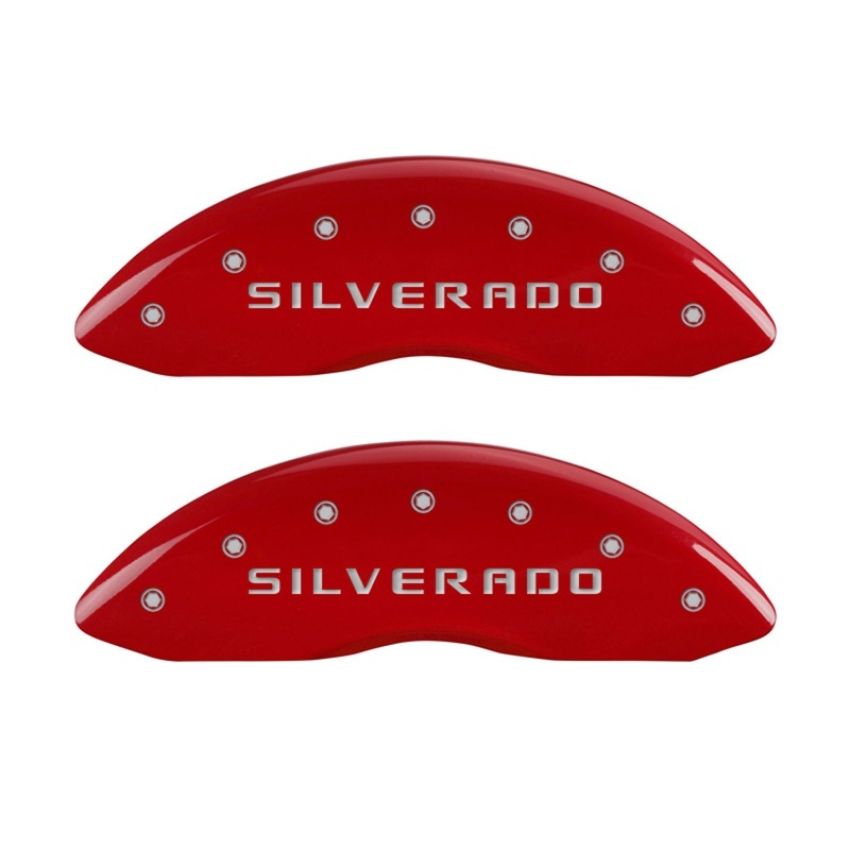 MGP 14207FSILRD Front set 2 Caliper Covers Engraved Front Silverado Red finish silver ch