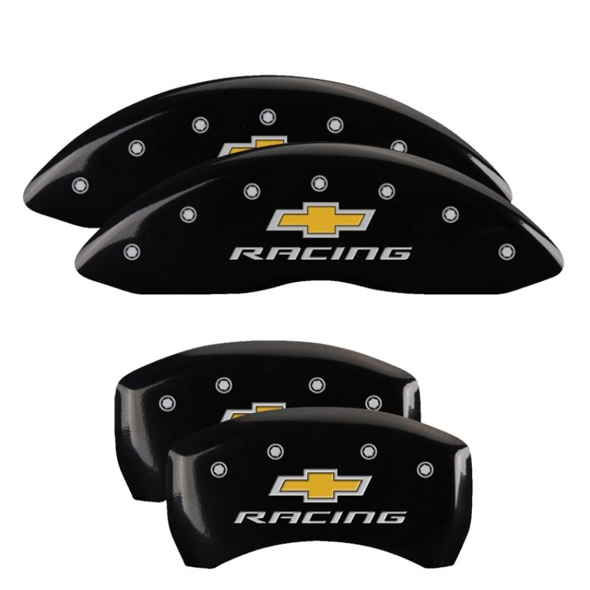 MGP 14231SBRCBK 4 Caliper Covers Engraved Front & Rear Chevy racing Black finish silver ch