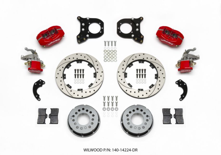 Wilwood 140-14224-DR Forged Dynalite P/S Rear Kit w/MC4 P-Brake Drill Red Chev 12 Bolt w/Clip Eliminator