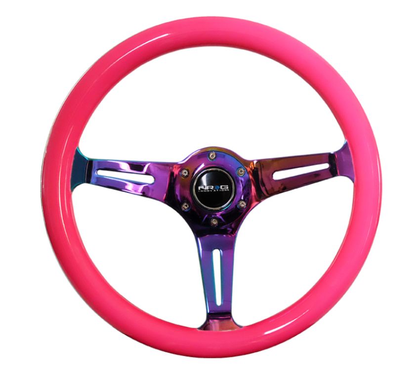 NRG ST-015MC-NPK Classic Wood Grain Steering Wheel (350mm) Neon Pink Painted Grip w/Neochrome 3-Spoke Center