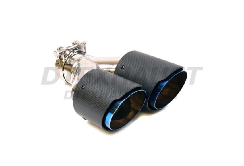 Different Trend Carbon Fiber Duel Exhaust Tip /304 Ss Blue Flame Inner Tip, Slant Cut With 2 1/2″ Band-clamp (bolt Head 13mm/ 8mm, Screw Length 3″) Driver Side DT-25318L