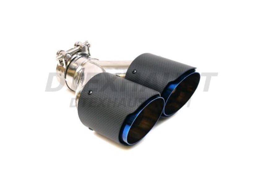 Different Trend Carbon Fiber Duel Exhaust Tip /304 Ss Blue Flame Inner Tip, Slant Cut With 2 1/2″ Band-clamp (bolt Head 13mm/ 8mm, Screw Length 3″) Passenger Side DT-25318R