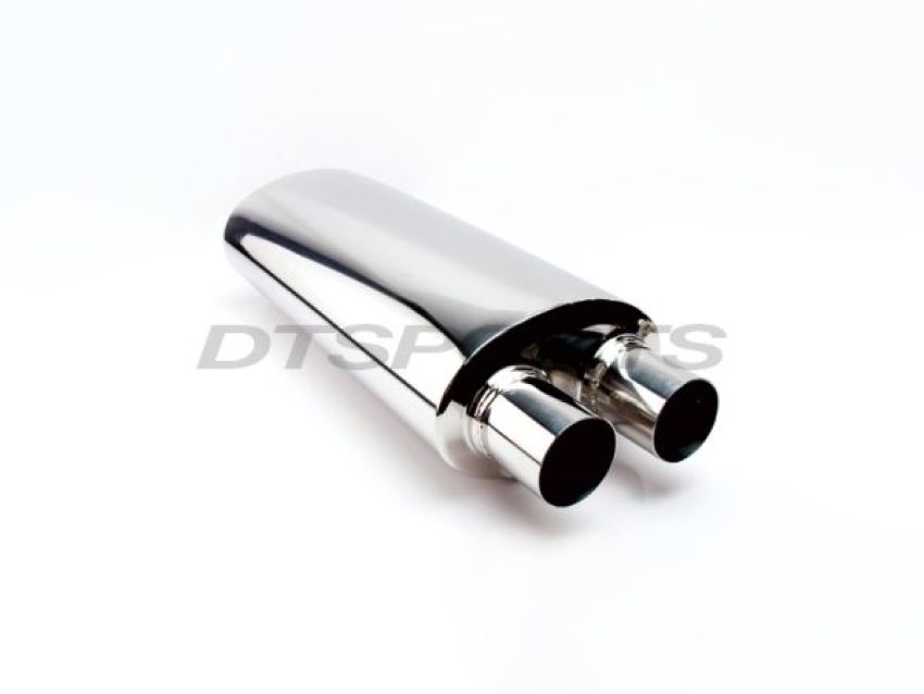 Different Trend Hi-Polished Mufflers 16″ Body – 3″ Single in / 2.25″ Dual Out DTM-30102D24-16
