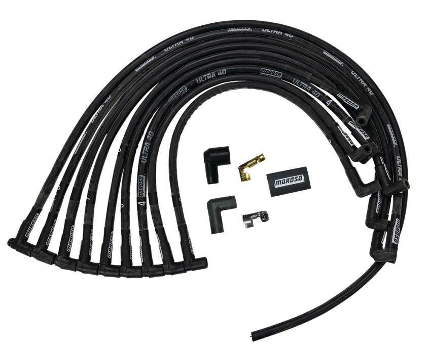 Moroso 73842 Chevrolet Small Block (w/Jesel) Ignition Wire Set - Ultra 40 - Sleeved - 90 Degree - Black