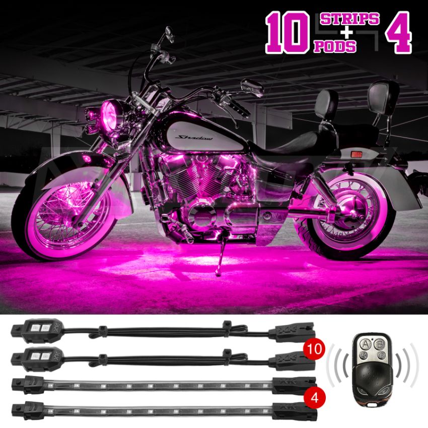 XKGLOW XK034002-P XK Glow Strips Single Color  LED Accent Light Motorcycle Kit Pink - 10xPod + 4x8In