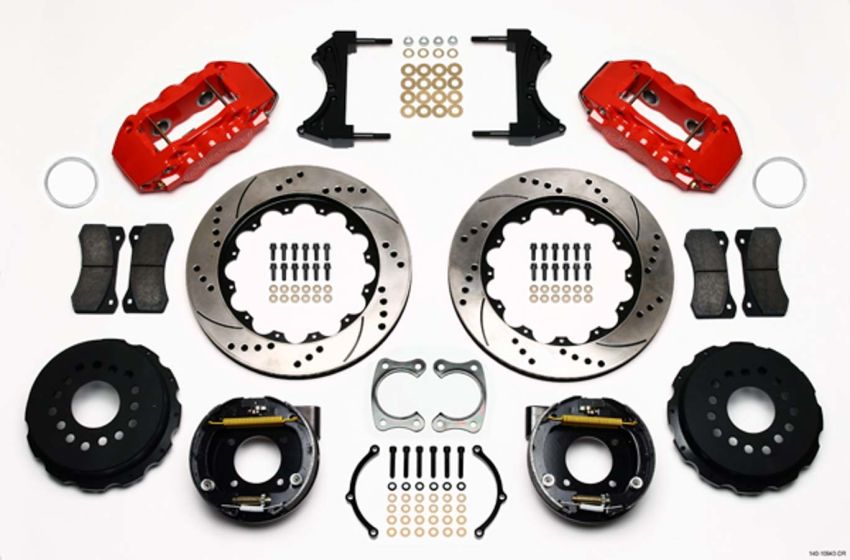 Wilwood 140-10943-DR AERO4 Rear P-Brake Kit 14.00in Drilled Red Chevy 12 Bolt w/ C-Clips